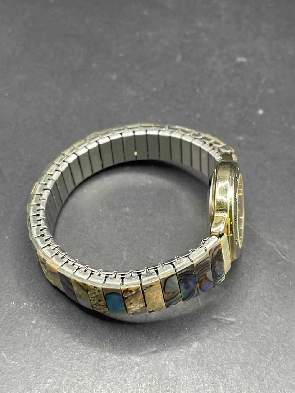 Vtg E.K.O Abalone Shell Inlay Watch Womens 0.78" Gold Tone Dial Stretch Band